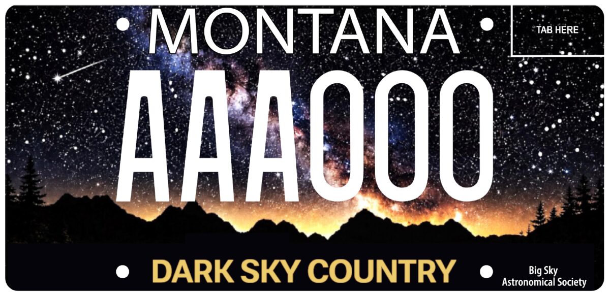 Montana Dark Sky Country license plate showing the Milky Way above mountain silhouettes, sample number AAA000, and Big Sky Astronomical Society lettering